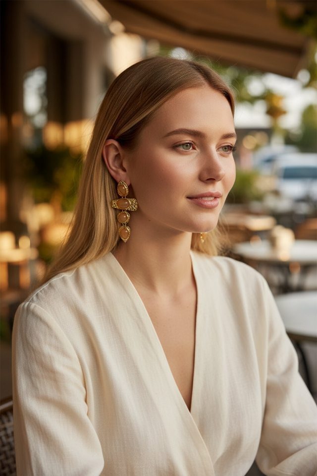 Gold Dövme Metal Dokulu Doğal Taş Görünümlü Sallantılı Küpe