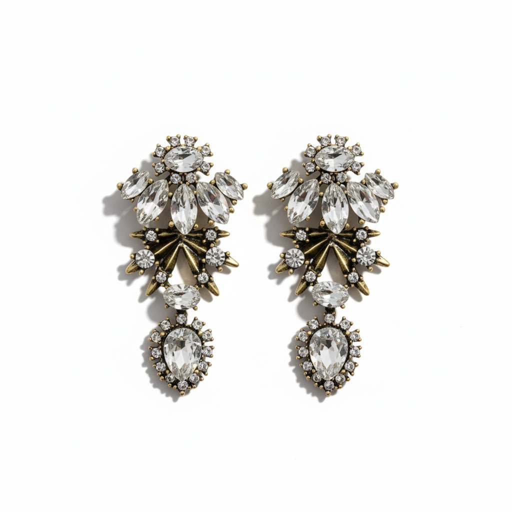 Vintage Gold Görünümlü Kristal Taşlı Salkım Küpe