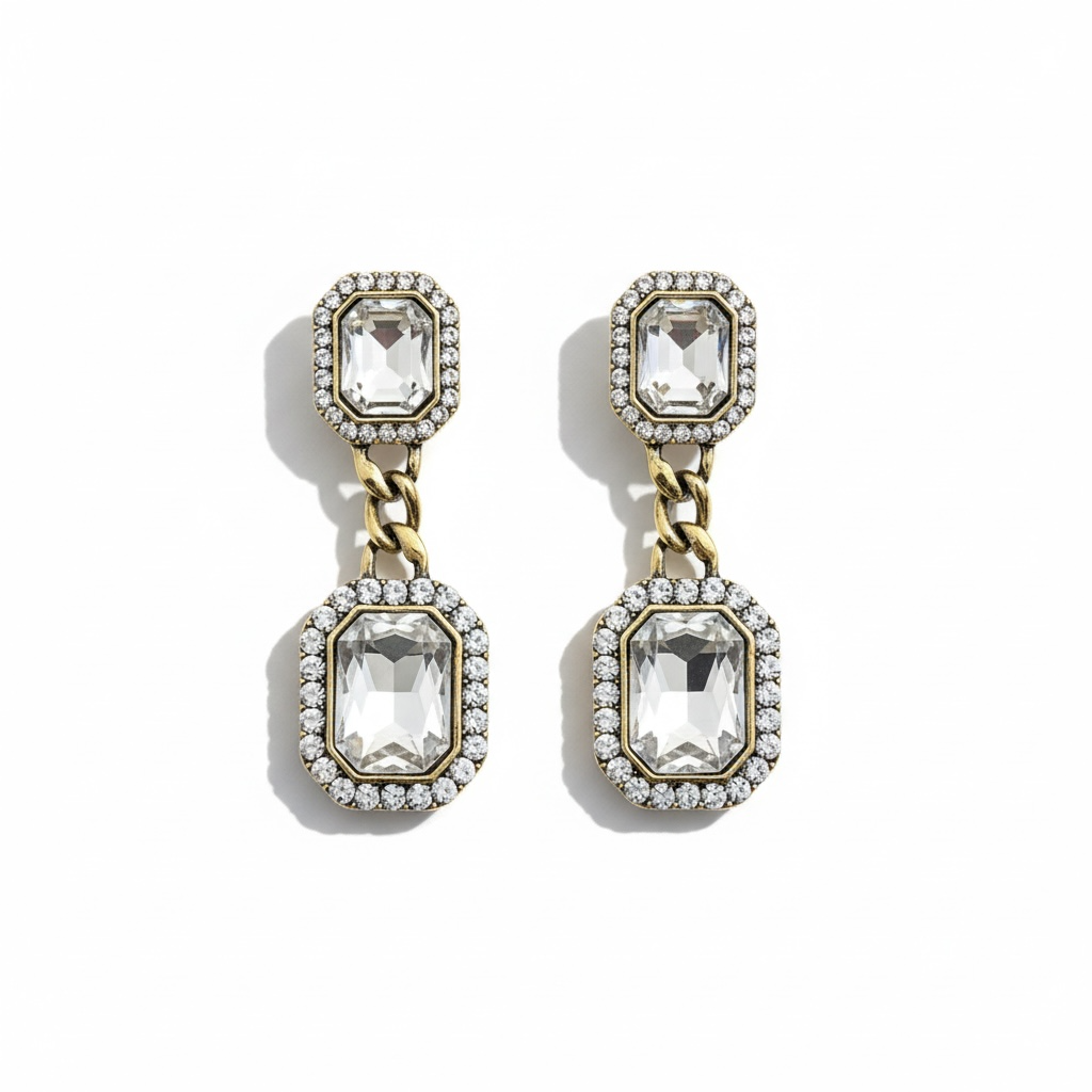 Zincir Bağlantılı Kristal Taşlı Geometrik Küpe