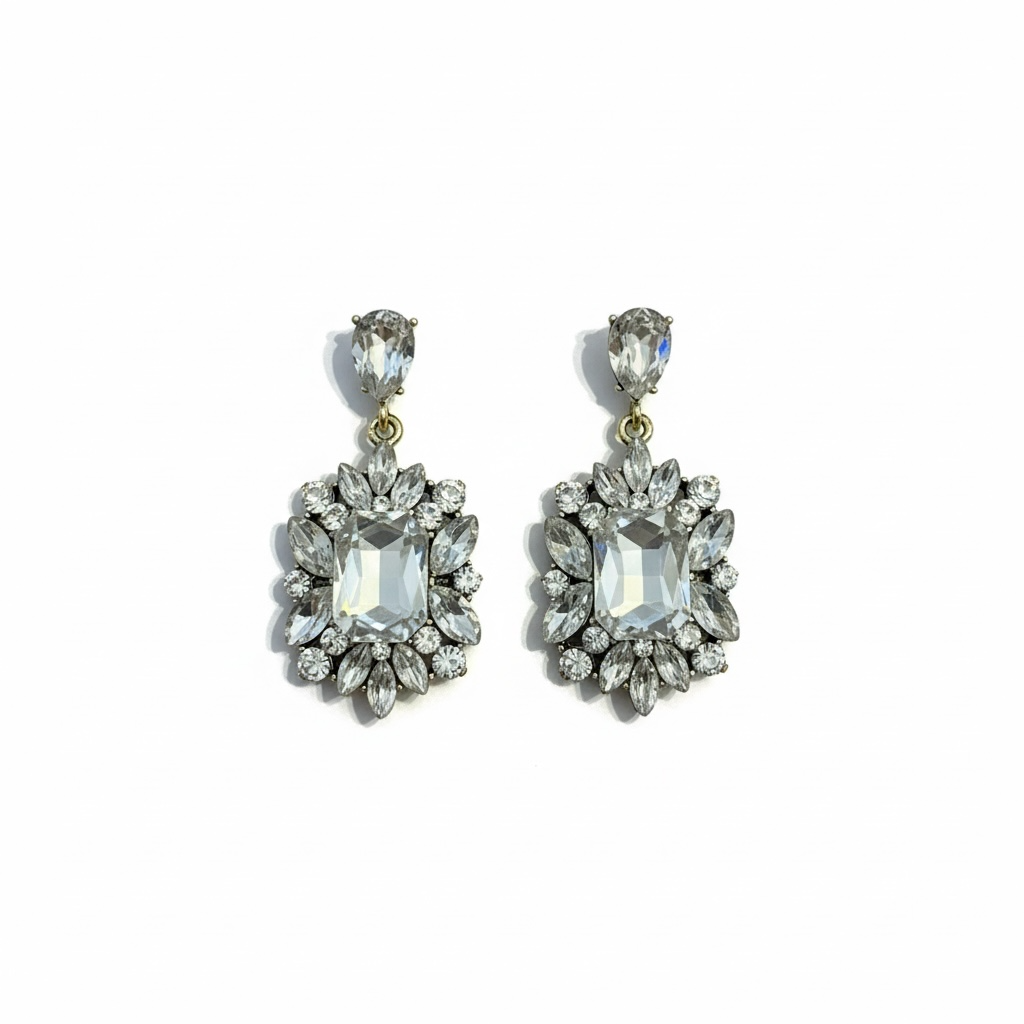 Dikdörtgen Taşlı Çiçek Model Kristal Küpe